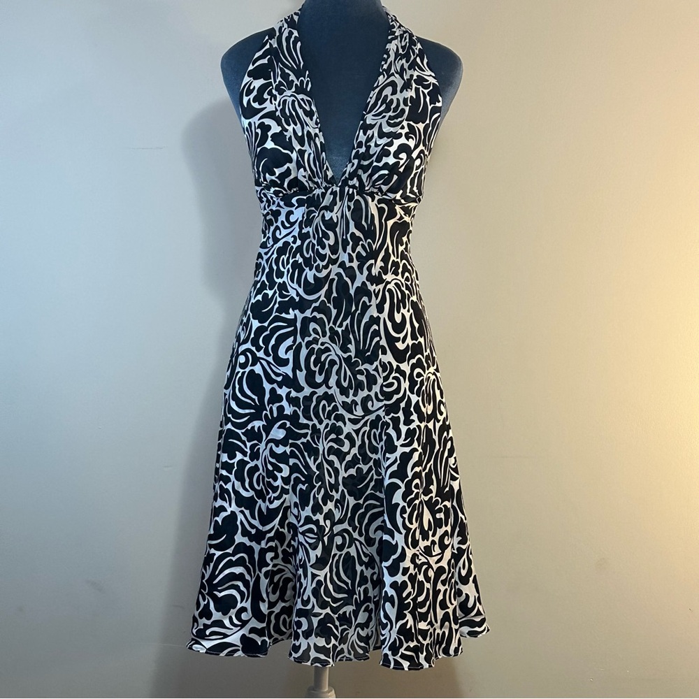 White House Black Market Black and White Halter Silk Sundress